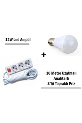 12W Led Ampul + 10 Metre Uzatmalı Anahtarlı 3lü Priz Set