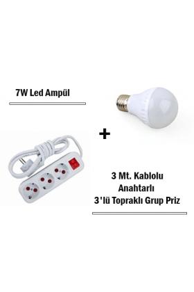 7W Led Ampul + 3 Metre Uzatmalı Anahtarlı 3lü Priz Set