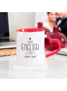 Kişiye Özel İngilizce Öğretmeni Kalpli Kupa Bardak - Kırmızı