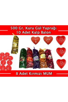 Renkli Kokulu Gül Yaprakları 500 Gr + 10 Kalpli Balon + 8 Kırmızı Mum