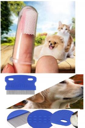 2 Li Set Kedi Köpek Tavşan İçin Parmağa Takılan Diş Fırçası - İnce Dişli Bit Pire Tarağı