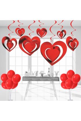 3 Boyutlu Spiralli Kırmızı Renk Kalp Şekilli Tavan Asma Süsü 12 Adet