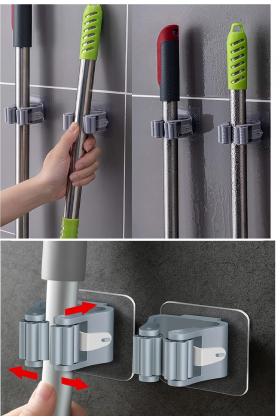 3 Lü Renkli  Yapışkanlı Mop Fırça Çek pas Sap Tutucu Organizer Mutfak Banyo Düzenleyici