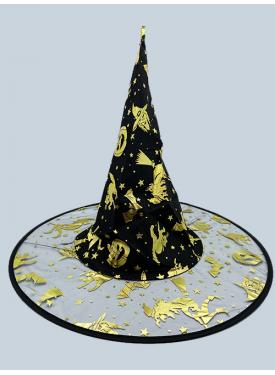 Altın Renk Cadı ve Kabak Baskılı Cadı Şapkası 32X37 cm