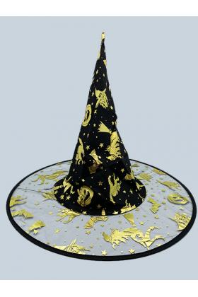 Altın Renk Cadı ve Kabak Baskılı Cadı Şapkası 32X37 cm