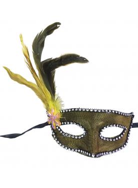 Altın Renk Kumaş Kaplama Yandan Tüylü Yılbaşı Parti Maskesi