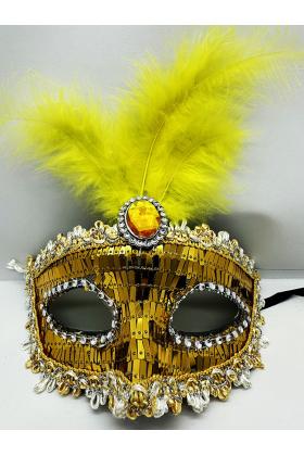 Altın Renk Payetli Pullu Tüylü Parti Maskesi 17x20 cm