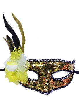 Altın Renk Yandan Tüylü Pullu Yılbaşı Parti Maskesi