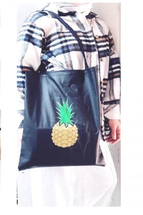 Ananas Detay Desenli Bez Çanta - Pazar Market Çantası - Kitap Çantası Siyah