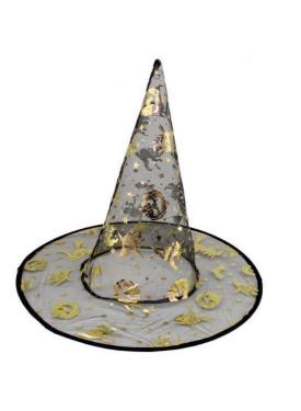 Balkabağı Figürlü Cadı Temalı Baskılı Çift Taraflı Altın Renk Şeffaf Cadı Şapkası