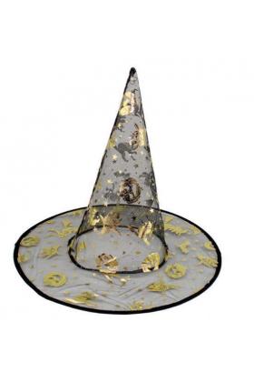 Balkabağı Figürlü Cadı Temalı Baskılı Çift Taraflı Altın Renk Şeffaf Cadı Şapkası