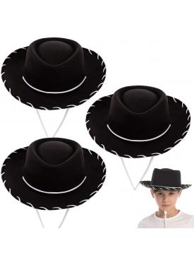 Beyaz Bağcıklı Siyah Renk Çocuk Kovboy Şapkası 1 Adet