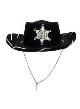 Beyaz Bağcıklı Siyah Renk Şerif Rozet Baskılı Kovboy Şapkası Çocuk Boy