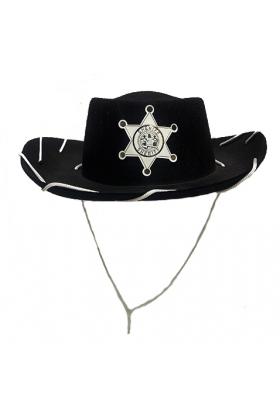 Beyaz Bağcıklı Siyah Renk Şerif Rozet Baskılı Kovboy Şapkası Çocuk Boy