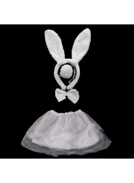 Beyaz Tavşan Kostümü - Beyaz Tavşan Taç + Etek + Papyon + Ponpon Seti