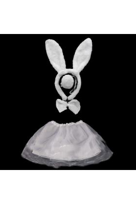 Beyaz Tavşan Kostümü - Beyaz Tavşan Taç + Etek + Papyon + Ponpon Seti