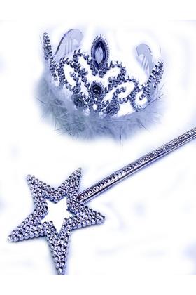 Beyaz Tüylü Metalize Taşlı Prenses Tacı ve Prenses Yıldız Şekilli Asası