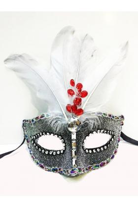 Boncuk İşlemeli Dantelli Tüylü Yılbaşı Parti Maskesi Gümüş Renk