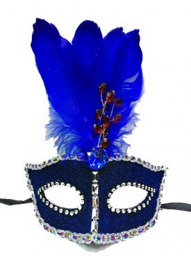 Boncuk İşlemeli Dantelli Tüylü Yılbaşı Parti Maskesi Mavi Renk