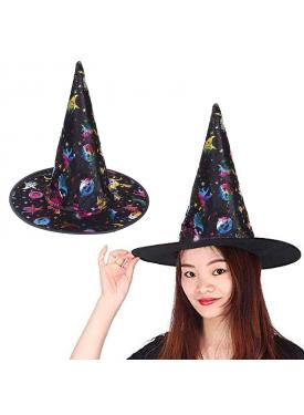 Cadı Şapkası Siyah Üzeri Rengarenk Balkabağı Cadı Figür Baskılı 38x34 cm