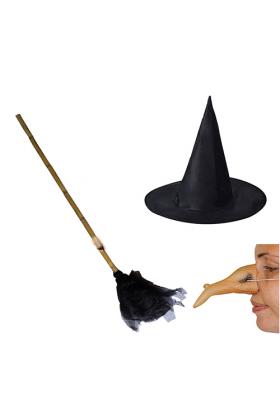 Cadı Süpürgesi - Siyah Cadı Şapkası - Cadı Burnu - 3 lü Set