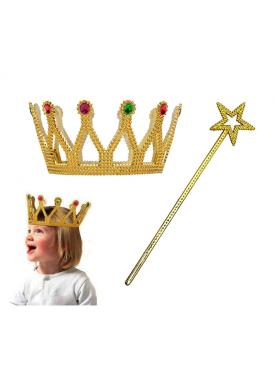 Çocuk Boy Kraliçe Prenses Tacı ve Yıldız Peri Asası Altın Renk