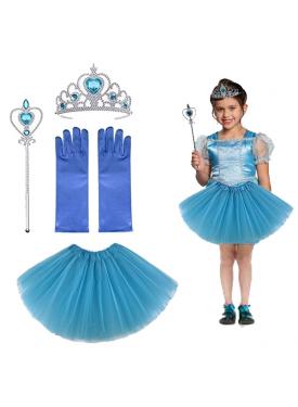 Çocuk Elsa Kostümü Elsa Eteği Eldiveni Tacı ve Asası 4 lü Set