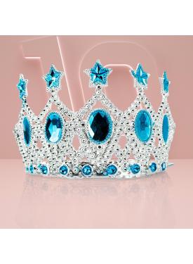 Çocuk Kraliçe Tacı - Mavi Yıldız İşlemeli Prenses Tacı 15x7 cm