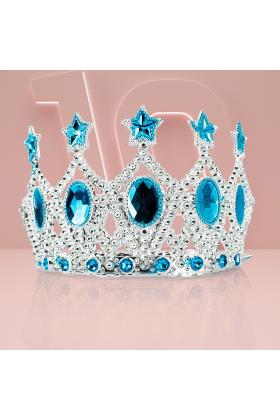 Çocuk Kraliçe Tacı - Mavi Yıldız İşlemeli Prenses Tacı 15x7 cm