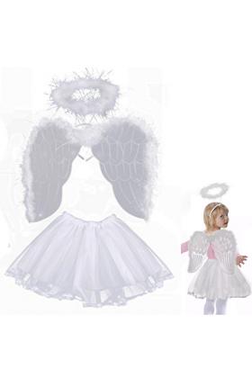Çocuk Peri Kostümü Beyaz - Peri Kanadı Eteği Tacı 3 Parça Kostüm Set