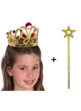 Çocuklar İçin Kraliçe Tacı - Çocuk Prenses Tacı ve Prenses Sopası Değneği Altın Renk