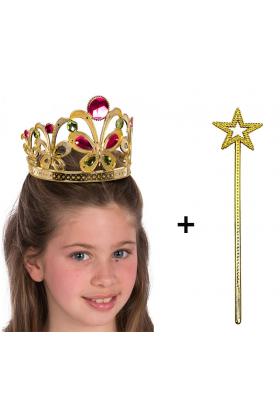Çocuklar İçin Kraliçe Tacı - Çocuk Prenses Tacı ve Prenses Sopası Değneği Altın Renk