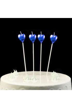 Çubuklu Metalize Kalp Mum Doğum Günü Mumu Mavi 4 Adet