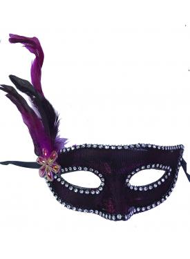 Fuşya Renk Kumaş Kaplama Yandan Tüylü Yılbaşı Parti Maskesi