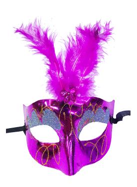 Fuşya Renk Tüylü Yılbaşı Parti Maskesi