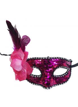 Fuşya Renk Yandan Tüylü Pullu Yılbaşı Parti Maskesi