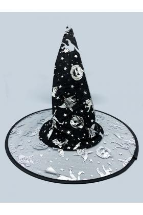 Gümüş Renk Cadı ve Kabak Baskılı Cadı Şapkası 32X37 cm