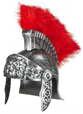 Gümüş Renk Kırmızı Tüylü Romalı Savaşçı Gladyatör Bizans Miğferi