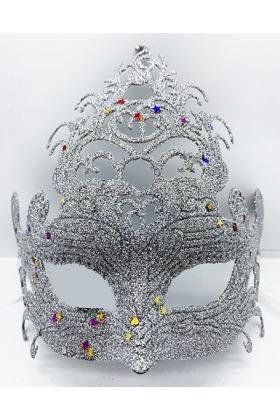 Gümüş Renk Parti Maskesi - Parlak Gümüş Sim Balo Maskesi 21x20 cm