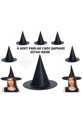 Halloween Siyah Renk Parlak Dralon Cadı Şapkası Yetişkin ve Çocuk Uyumlu 6 Adet