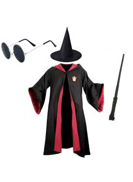 Harry Potter Gryffindor Çocuk Kostüm + Şapka + Asa + Gözlük Full Seti