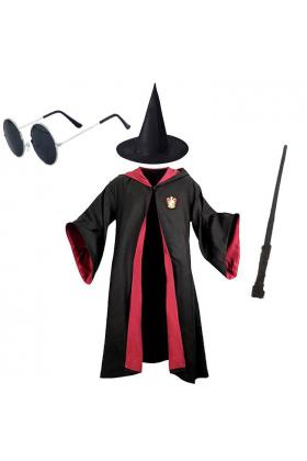 Harry Potter Gryffindor Çocuk Kostüm + Şapka + Asa + Gözlük Full Seti