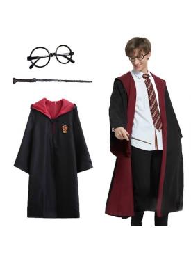 Harry Potter Gryffindor Kapişonlu Çocuk Kostüm + Asa + Gözlük 3 Parça Set