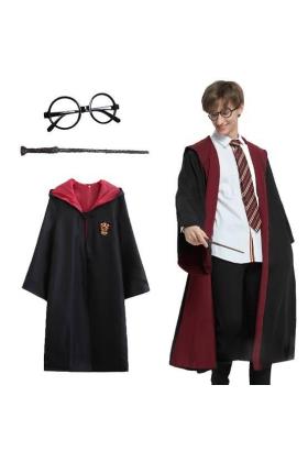 Harry Potter Gryffindor Kapişonlu Çocuk Kostüm + Asa + Gözlük Seti 5-6 Yaş