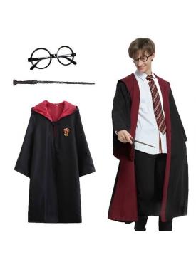 Harry Potter Gryffindor Kapişonlu Çocuk Kostüm + Asa + Gözlük Seti 9-10 Yaş