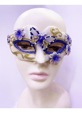 Kelebek İşlemeli Masquerade Venedik Maskesi Mavi Renk 7x16 cm
