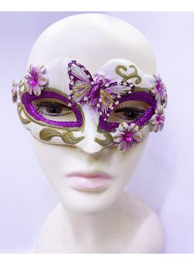 Kelebek İşlemeli Masquerade Venedik Maskesi Mor Renk 7x16 cm