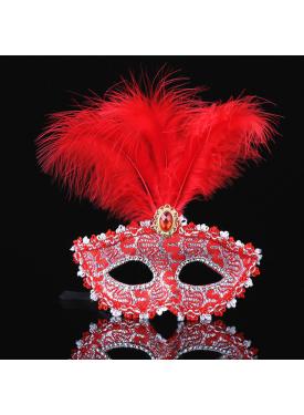 Kırmızı Dantel İşlemeli Kırmızı Tüylü Balo Parti Maskesi 17x20 cm