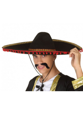 Kırmızı Ponponlu Altın Şeritli Mariachi Jalisco Meksika Şapka Yetişkin Boy