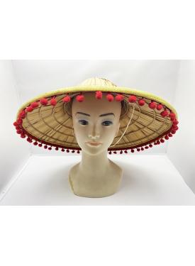 Kırmızı Ponponlu Hasır Meksika Şapkası Yetişkin Boy 42x35 cm